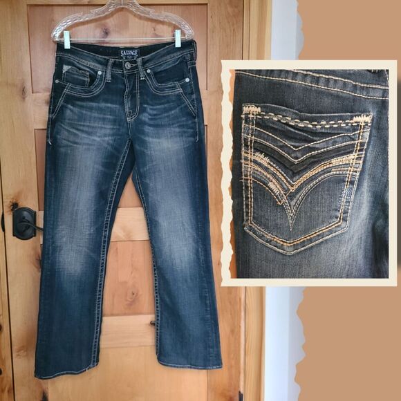 Salvage Buckle Mens 30 R Acid Wash Straight Leg Jeans 32x30 Embellished Pockets - Picture 1 of 7